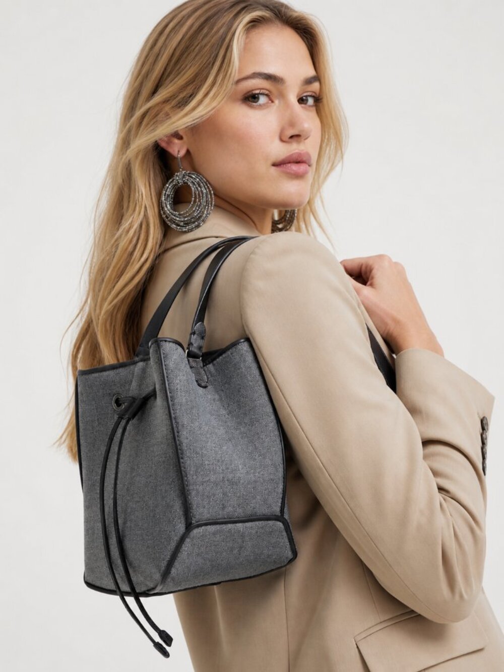 Brunello Cucinelli Duo Bucket Bag Gray Virgin Wool Monili New Tag $2,700